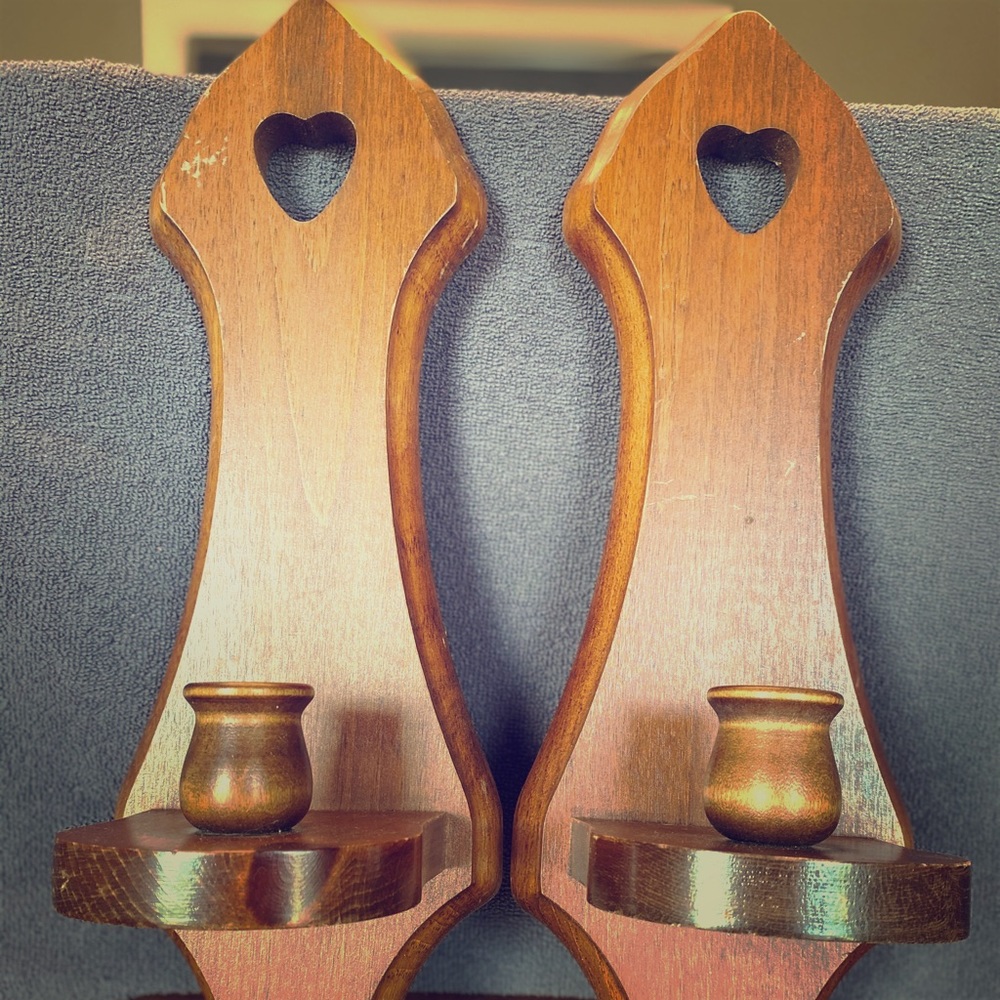 Pair of wood heart wall scones candlestick holders
